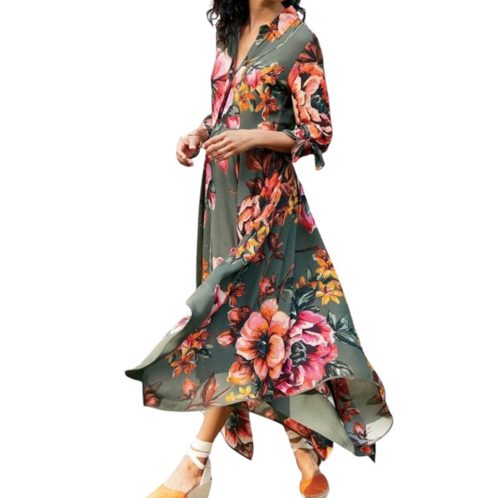 Soft Surroundings Green Provincial Floral handkerchief hem maxi dress sz small